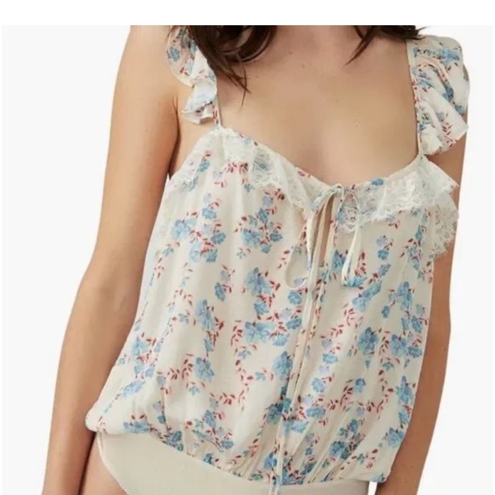 Free People Floral Lace Bodysuit - Cream and Blue